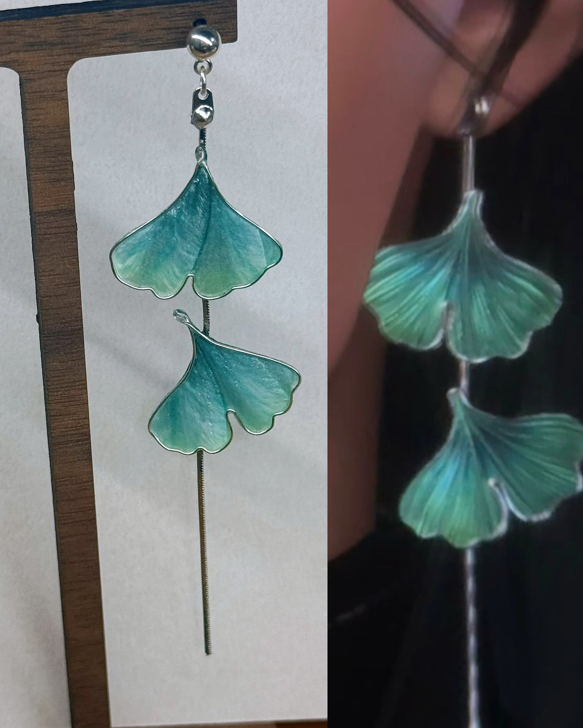 Handmade Chinese Ronghua Ginkgo Leaf Stud Earrings – Green Dangle Earrings, One Pair