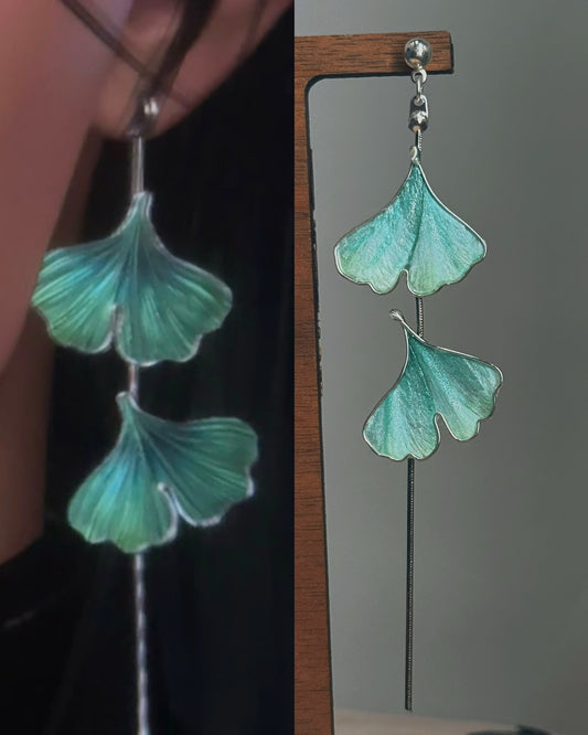 Handmade Chinese Ronghua Ginkgo Leaf Stud Earrings – Green Dangle Earrings, One Pair