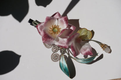 Handmade Chinese Ronghua Hair Clip – Pink & White Velvet Flower, Traditional Hanfu Hair Accessory