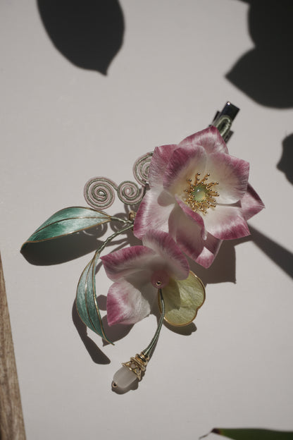 Handmade Chinese Ronghua Hair Clip – Pink & White Velvet Flower, Traditional Hanfu Hair Accessory