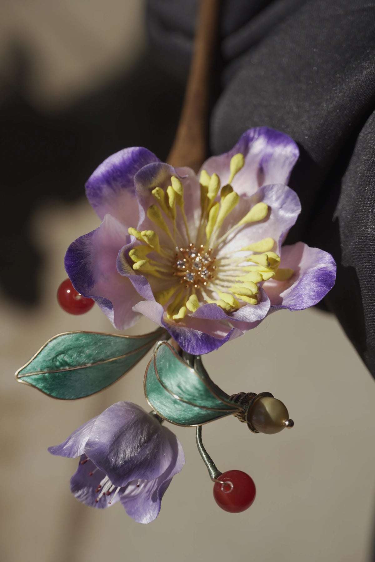 Handmade Chinese Ronghua Wooden Hairpin – Purple Floral Design, Traditional Hanfu Hair Accessory
