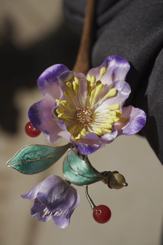 Handmade Chinese Ronghua Wooden Hairpin – Purple Floral Design, Traditional Hanfu Hair Accessory