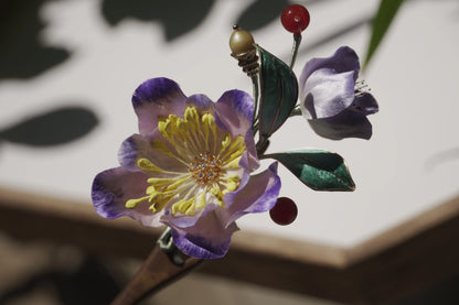 Handmade Chinese Ronghua Wooden Hairpin – Purple Floral Design, Traditional Hanfu Hair Accessory