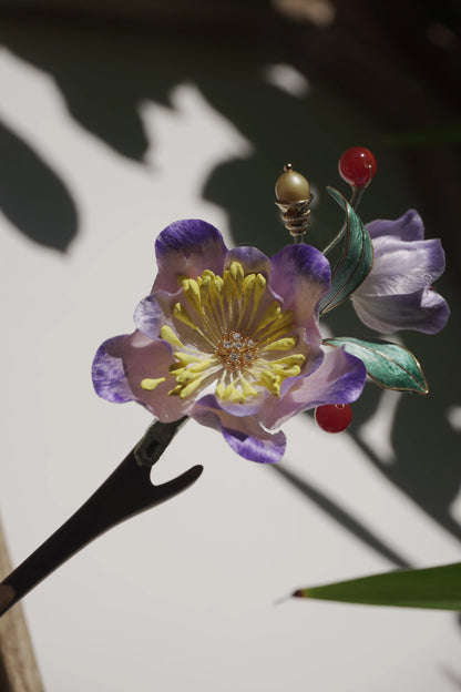 Handmade Chinese Ronghua Wooden Hairpin – Purple Floral Design, Traditional Hanfu Hair Accessory