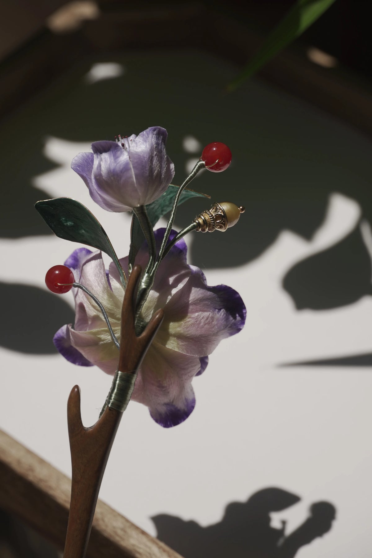 Handmade Chinese Ronghua Wooden Hairpin – Purple Floral Design, Traditional Hanfu Hair Accessory