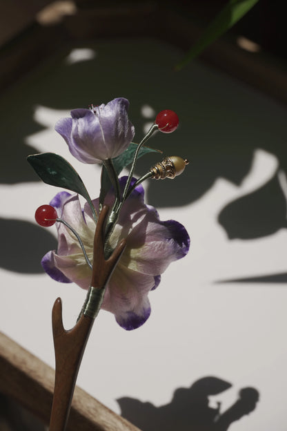 Handmade Chinese Ronghua Wooden Hairpin – Purple Floral Design, Traditional Hanfu Hair Accessory