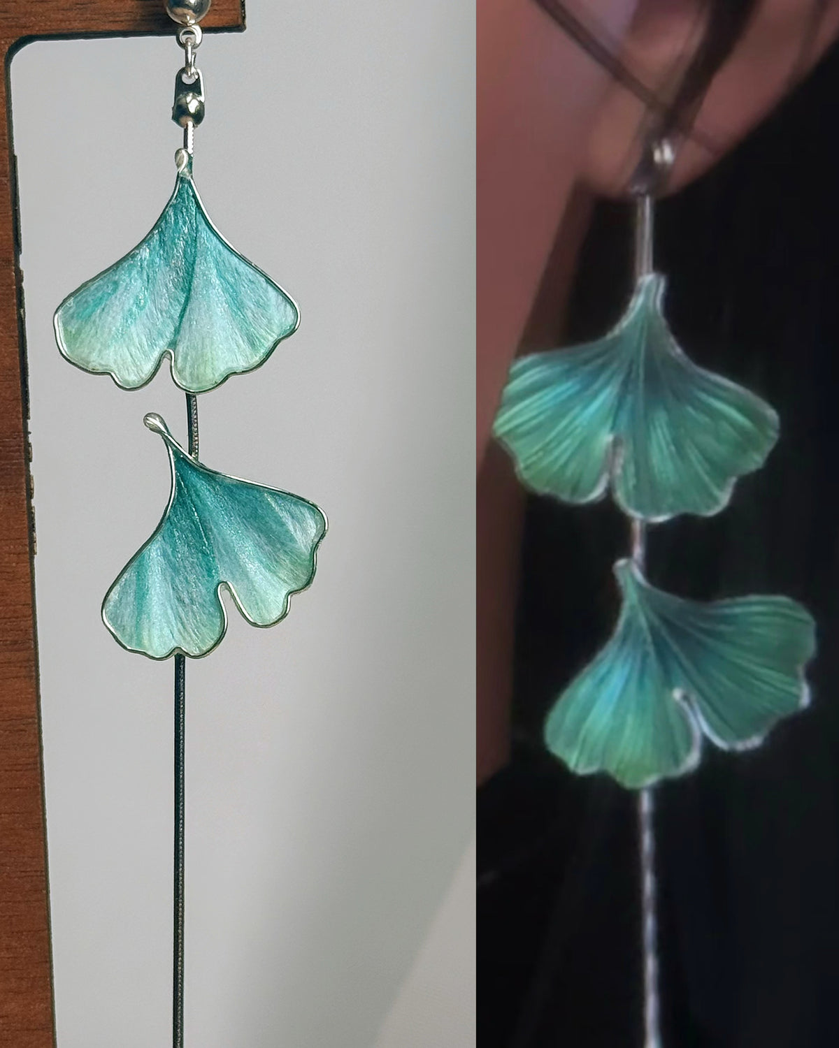 Handmade Chinese Ronghua Ginkgo Leaf Stud Earrings – Green Dangle Earrings, One Pair