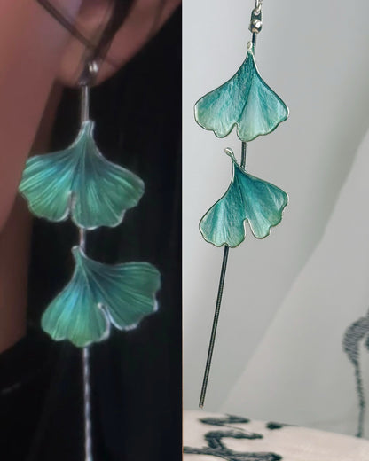 Handmade Chinese Ronghua Ginkgo Leaf Stud Earrings – Green Dangle Earrings, One Pair