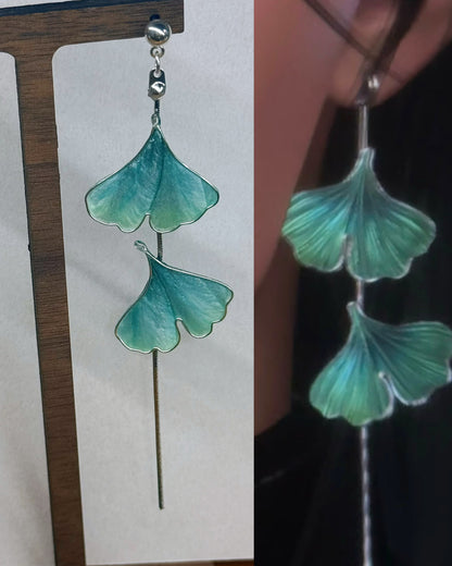 Handmade Chinese Ronghua Ginkgo Leaf Stud Earrings – Green Dangle Earrings, One Pair