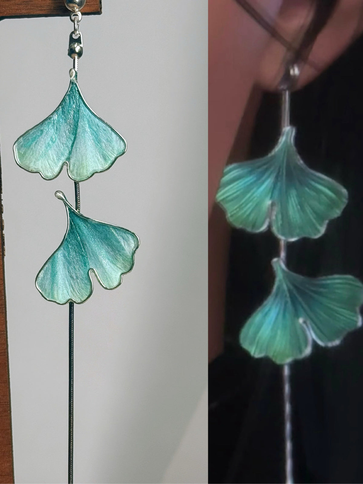 Handmade Chinese Ronghua Ginkgo Leaf Stud Earrings – Green Dangle Earrings, One Pair